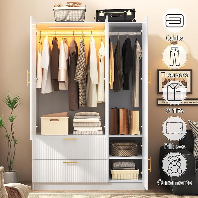 Squireewo Fluted Style 3 Doors Wardrobe Closet Armoire with Mirrors and LED Lights, 70.3" H Modern Wooden Bedroom Armoires with 2 Drawers, Large Capacity Freestanding Armoire, White