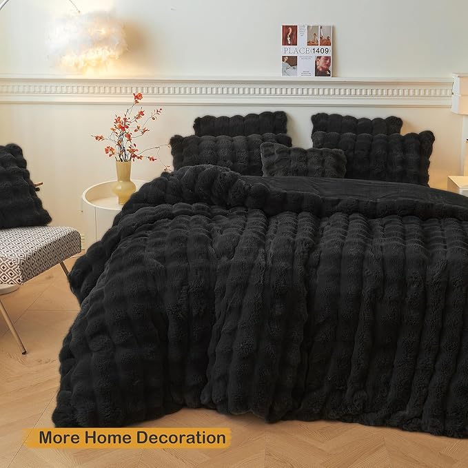 LIFEREVO Fluffy Faux Rabbit Fur Body Pillow Cover, Luxury Bubble Waffle Shaggy Plush Bed Body Pillowcase with Zipper Closure, Long 20"x54" Fuzzy Furry Pillow Case for Adults Kids Girls Teens, Black