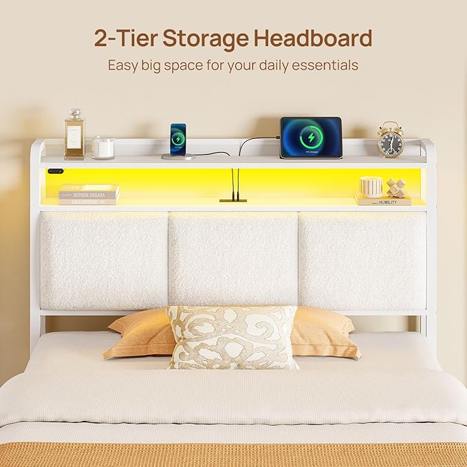 Rolanstar Bed Frame Twin Size with Charging Station and LED Lights, Upholstered Storage Headboard with Drawers, Heavy Duty Metal Slats, No Box Spring Needed, Noise Free, Easy Assembly, White