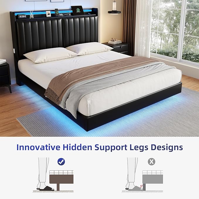 Jocoevol Queen Size Floating Bed Frame with Ergonomic Hidden Storage Headboard and LED Lights, Visual Floating LED Bed Frame with Charing Station, Leather Upholstered Platform Bed, Heavy Duty, Black