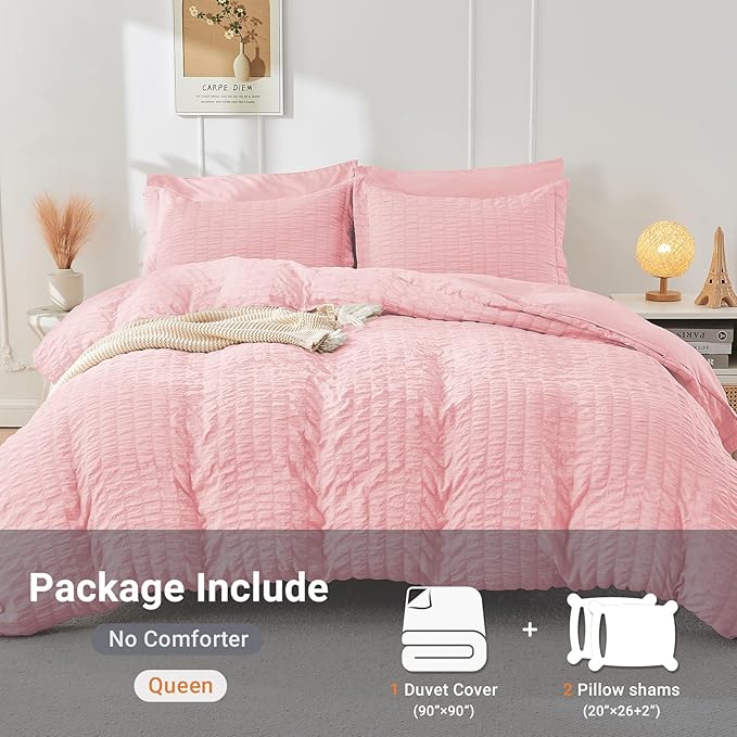 HYMOKEGE Pink Duvet Cover Full Size, Ultra Soft 3-Piece Seersucker Duvet Cover Set with Zipper Closure, Soft Brushed Microfiber Bedding Set with 8 Corner Ties (80"x90", 2 Pillowshams)