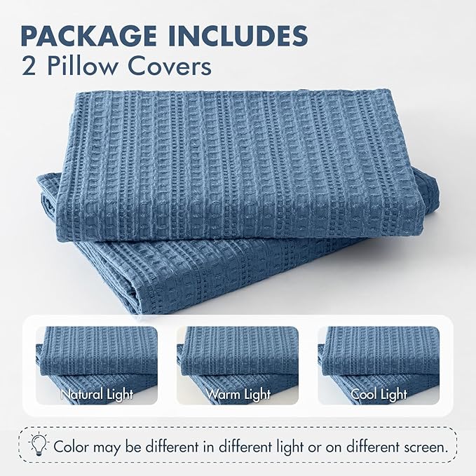 Set of 2 Decorative 100% Cotton Waffle Euro Sham Pillow Covers 26x26, Neutral Coastal Throw Pillows Weave European Cushion Cases for Couch Sofa Bed Modern Farmhouse Home Decor, Blue
