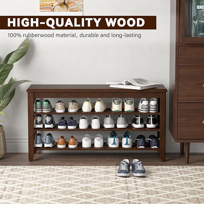 Taitiy Shoe Bench Storage Rubberwood, Entryway Bench with 3-Tiers Height Adjustable, Shoe Rack Front Door Entrance Organizer for Hallway Living Room, Mudrooms, Walnut,31.5"