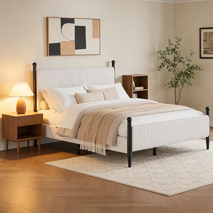 Garvee Full Size Upholstered Bed Frame - with Velvet Headboard, Soft Corduroy Fabric Platform with Wooden Slats Support & Heavy Duty Feet, No Box Spring Needed, Noise Free, Easy Assembly, White