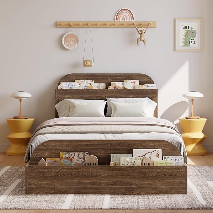Garvee Twin Size Bed Frame with Storage Headboard and Raised Footboard – Wooden Twin-Floor Low Platform Bed for Kids, Heavy Duty & Noise Free, No Box Spring Needed, Walnut
