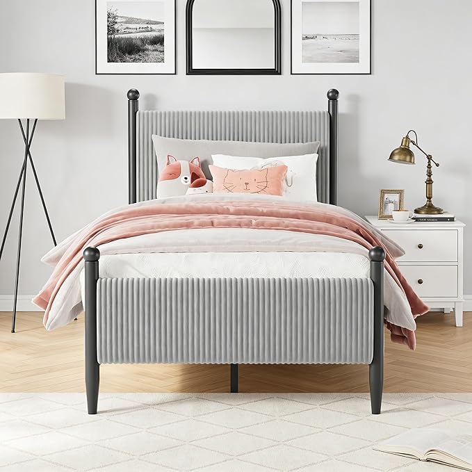 Garvee Twin Size Upholstered Bed Frame - with Velvet Headboard, Soft Corduroy Fabric Platform with Wooden Slats Support & Heavy Duty Feet, No Box Spring Needed, Noise Free, Easy Assembly, Grey