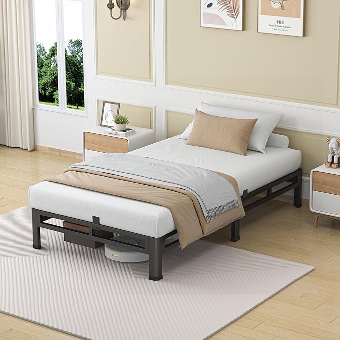 NKZ 7 Inch Twin Size Bed Frame, Metal Bed Frame & Box Spring 2 in 1 Platform with Round Corner Legs, 4000Lbs Heavy Duty Low-Profile Frame, Mattress Slide Stopper, Noise-Free, Easy Assembly