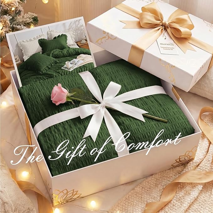 JOLLYVOGUE Dark Green King Comforter Set, 3 Pieces Seersucker Comforters King Size, Lightweight & Fluffy Bedding Sets King for All Season with 1 Ruffle Comforter and 2 Ruffle Pillowshams
