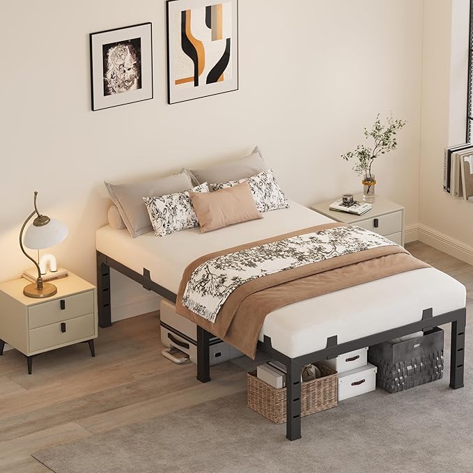 14 Inch Twin XL Bed Frames, Heavy Duty Metal Platform 3500 lbs Capacity, No Box Spring Needed, 6 Mattress Slide Stopper, Headboard Holes, Noise-Free, Easy Assembly