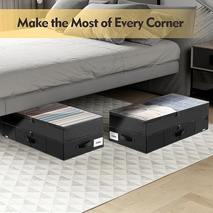 Supowin Large Under Bed Storage Containers, 2-Pack Double Layer Underbed Storage Bins with 3 Handles, 70L Extensible/Closed Clothes Storage Organizer with Sturdy Bottom Sidewalls, Black