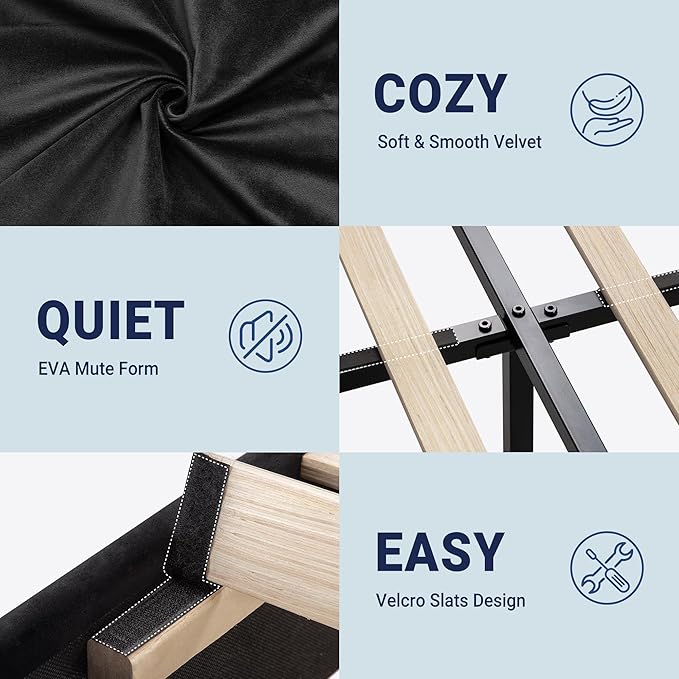 Allewie Full Size Platform Bed Frame with Adjustable Headboard, Plush Velvet Upholstered, Vertical Channel Tufted, Sturdy Wooden Slats, No Box Spring Needed, Easy Assembly, Black