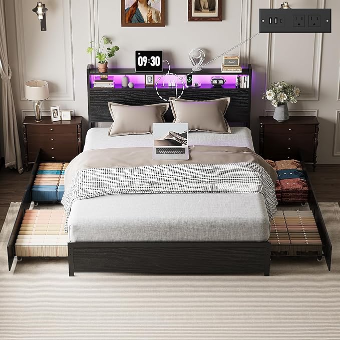 VINGLI Queen Platform Bed Frame with 4 Storage Drawers and Adjustable Headboard Shelf, Metal Bed with Charging Station and LED Lights, No Box Spring Needed, Noise Free, Easy Assembly, Black