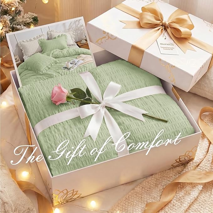 JOLLYVOGUE Sage Green Twin Size Comforter Set, 2 Pieces Seersucker Lightweight Fluffy Bedding Set, Twin Ruffle Comforter, All Season Soft Microfiber Shabby Chic Bed Set