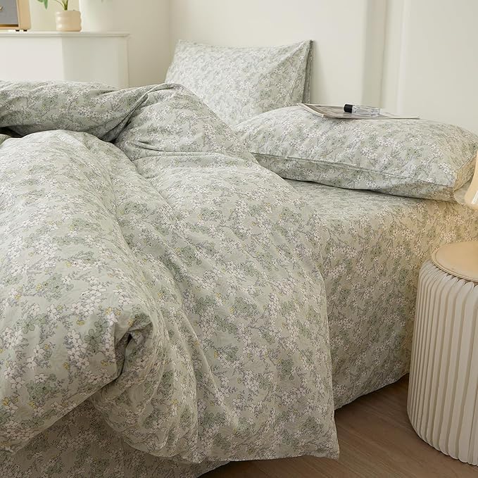 VM VOUGEMARKET Twin Duvet Cover Set with Green Flower Pattern,Pure Cotton Bedding Set Vintage Floral Prints Comforter Cover Conquette Cottagecore Bedding for Teen Girls