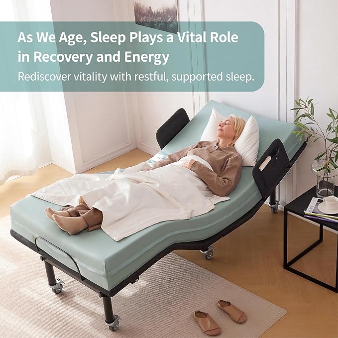 Split King Adjustable Bed Frame with Bed Rails for Elderly Adults - Adjustable Bed with Mattress - 8" Convoluted Mattress, Wireless Remote, Under-Bed Light, Brake Wheel Legs Zero Gravity Electric Bed