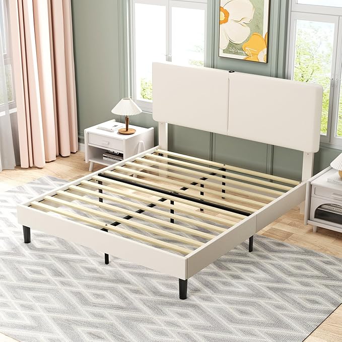 VECELO Queen Bed Frame with Type-C & USB Ports, Upholstered Platform Height-Adjustable Cotton and Linen Headboard, No Box Spring Needed, Noise-Free, Easy Assembly, Beige