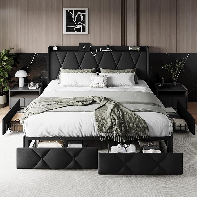 Einhomn King Size Bed Frame with 4 Storage Drawers and Charging Station, Upholstered Platform Bed Frame with Storage Headboard, No Box Spring Needed, Easy Assembly, Black