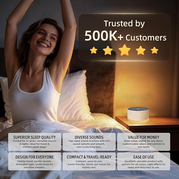 Kipcush White Noise Machine - Soft Non-Glare Nursery Lamp, 30 Soothing Sounds, 8 Color Lights, Max 8-Hour Timer for Baby & Adults (White, Standard)