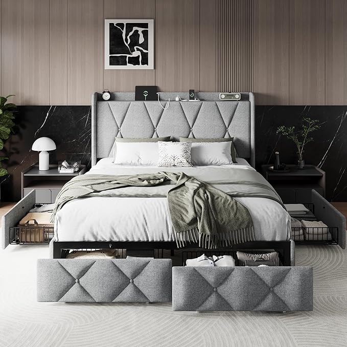 Einhomn Queen Bed Frame with 4 Storage Drawers and Charging Station, Upholstered Platform Bed Frame with Storage Headboard, No Box Spring Needed, Easy Assembly, Light Grey