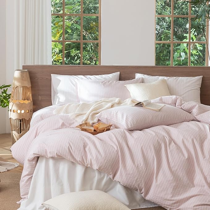 MooMee Striped Duvet Cover Set 100% Washed Cotton Linen Like Textured Breathable Durable Soft Comfy (Heathered Greyish Pink White Wide Stripes, Queen 90"x90")