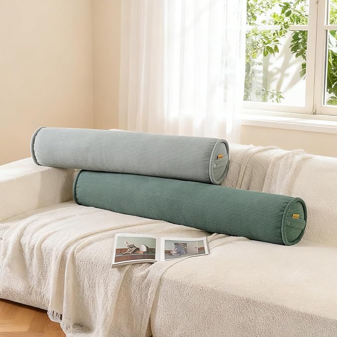 Long Pillow for Bed – Corduroy Round Bolster Pillow for Adults, Decorative Body Pillow for Sleeping or Sofa Support,47 x 7.87 Inches,Grey Green