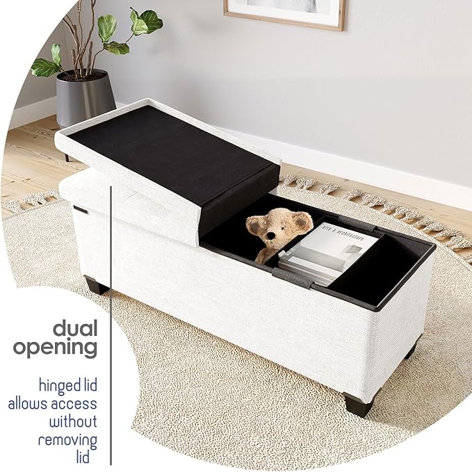 Storage Ottoman Bench with Bins, 43-in Storage Bench for Bedroom End of Bed, Folding Foot Rest Ottoman for Living Room Max 660lbs, Fabric Ottomans, Beige