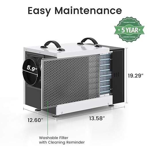 Waykar 125 Pint Crawl Space Dehumidifier with Pump & Drain Hose for Basements, Commercial & Water Damage Spaces up to 6500 Sq. Ft., Compact, Strong Dehumidification, 5-Year Quality Coverage