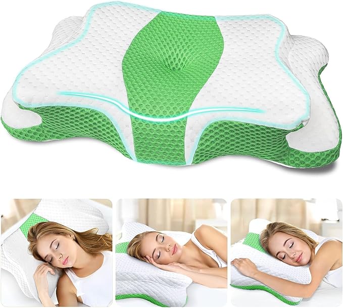 CHxxy Memory Foam Pillows, Cervical Pillow for Neck and Shoulder Pain Relief, Ergonomic Contour Bed Pillow, Soft for Side Sleep Stomach Sleeping and Back Sleeper-Queen Size&Green