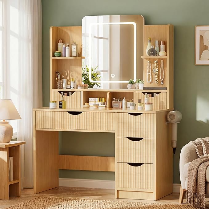 Vanity Desk with Mirror and Lights, Makeup Vanity Table with Large 6 Drawers Modern Fluted Wooden Dressing Table with Jewelry Hook 3 Color Modes Adjustable LED Mirror for Women Girls Bedroom or Dorm
