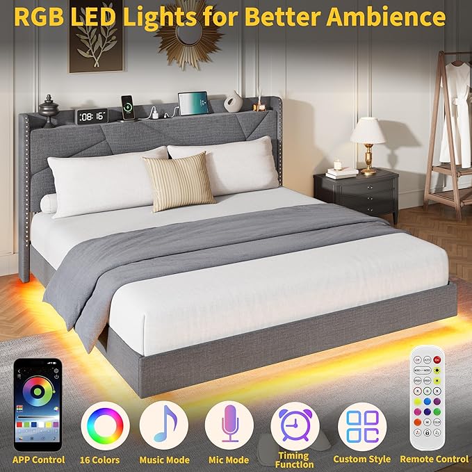 Garvee King Size Floating Bed Frame with RGB LED Lights and Charging Station, Upholstered Platform Bed with Storage Headboard and Button Tufted Design, No Box Spring Needed, Grey