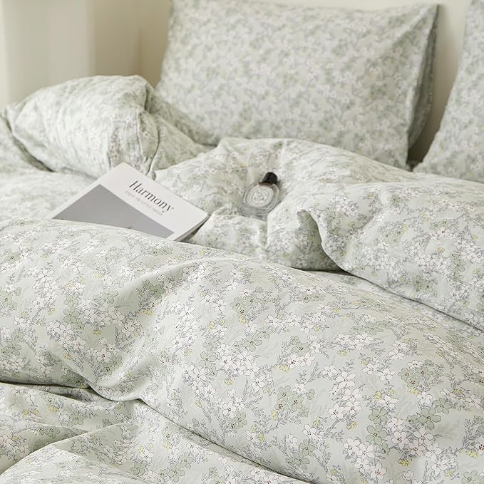 VM VOUGEMARKET Vintage Green Flower Duvet Cover Set Queen Fresh Botanical Bedding Set 100% Cotton Reversible Vintage Comforter Cover with Zipper&Ties