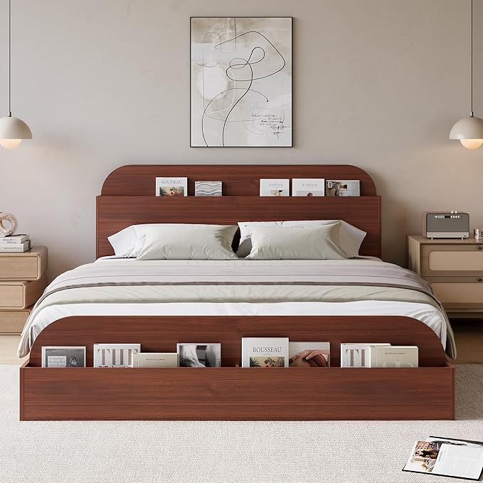 Garvee Queen Size Bed Frame with Storage Headboard and Raised Footboard – Wooden Queen-Floor Low Platform Bed for Bedroom, Heavy Duty & Noise Free, No Box Spring Needed, Red Peach Wood