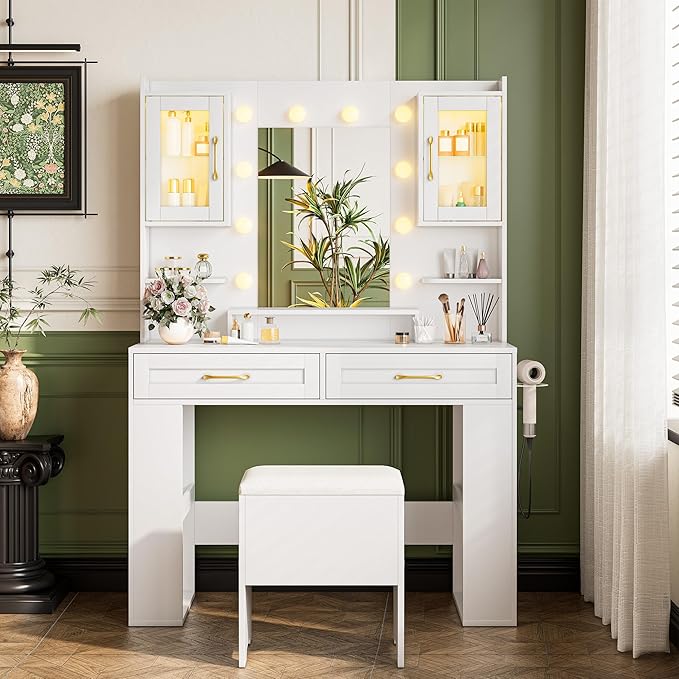 KAMABOKO White Vanity Desk with Mirror and Lights, Makeup Vanity with 2 Clear Glass Display Cabinets and 2 Large Drawers, 3 Lighting Color Adjustable, Girls Dressing Table for Bedroom