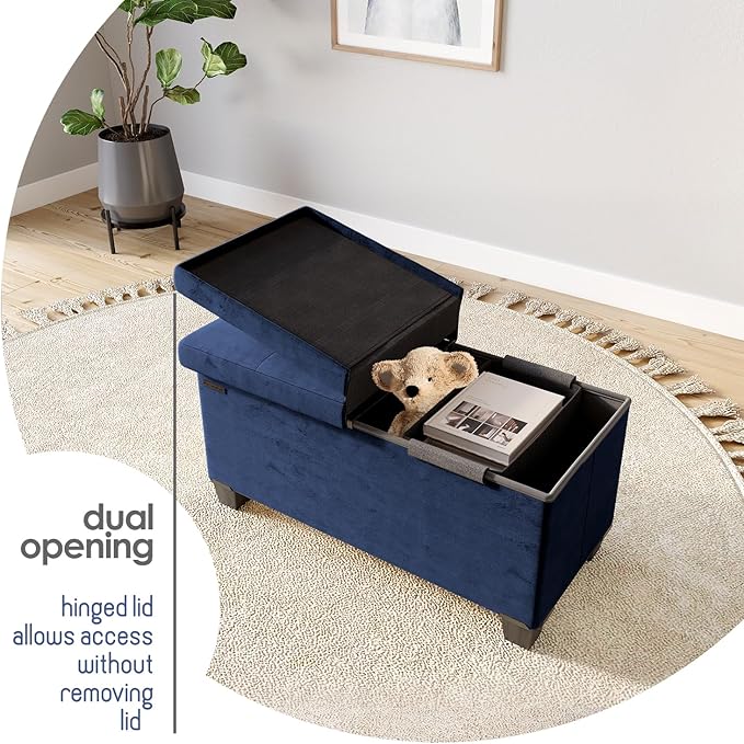 Storage Ottoman Bench with Bins, 30-in Storage Bench for Bedroom End of Bed, Folding Foot Rest Ottoman for Living Room Max 660lbs, Velvet Ottomans, Blue