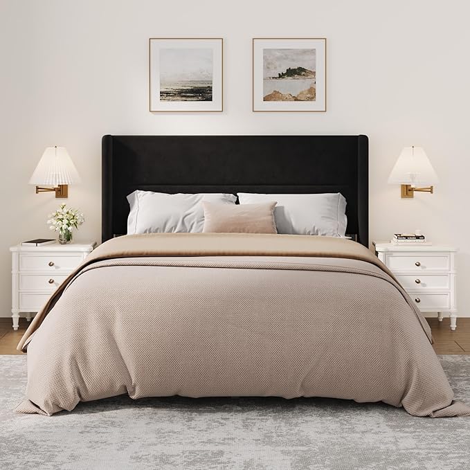 Garvee Full Size Bed Frame with Wingback Headboard, Velvet Upholstered Platform Bedframe with Wood Slats, No Box Spring Needed, Easy Assembly, Black