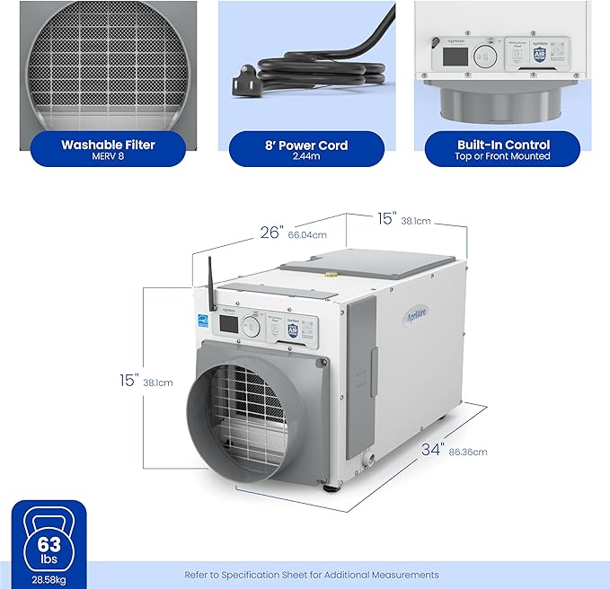 AprilAire E080W Smart Wi-Fi Whole-House Dehumidifier, 80-Pint Energy Star Commercial Dehumidifier for Basement, Crawl Space & Home up to 4,400 Sq.Ft. with Pump, Drain Hose, Hanging Kit, MERV 11 Filter