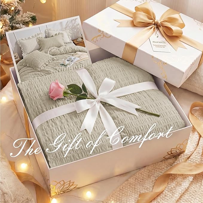 JOLLYVOGUE Full Size Comforter, 3 Pieces Linen Seersucker Lightweight Full Size Bedding, All Season Fluffy Microfiber Bedding Comforter Set with 1 Ruffle Comforter and 2 Ruffle Pillowshams