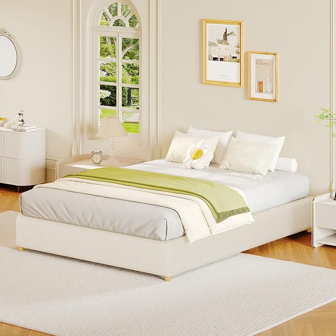 Full Size Cloud Bed Frame,Teddy Fleece Low Bed Frame Without Headboard, Thick Boucle Fabric Upholstered Platform Bed, Solid Wood Legs, No Box Spring Needed, Never Squeak, Easy Assembly, Cream