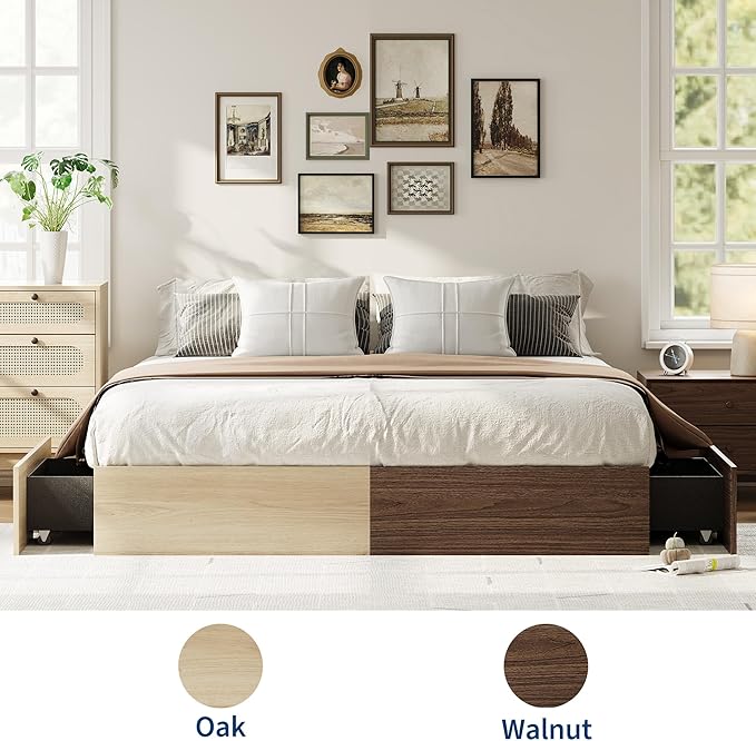 IDEALHOUSE California King Bed Frame with 2 Storage Drawers, Wooden Bed Frame Without Headboard, Minimalist Floor Platform Bed, Wood Slat Support, No Box Spring Needed, Easy Assembly