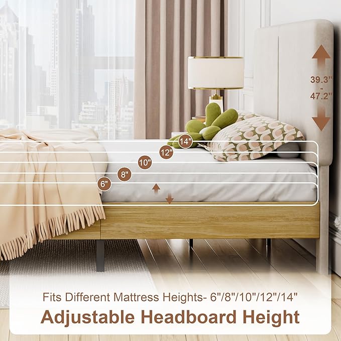 VECELO Queen Size Bed Frame Upholstered Platform Beds with Height-Adjustable Cotton and Linen Headboard, Heavy Duty Wood Slats, 6" Under-Bed Space, Noise-Free, No Box Spring Needed, Easy Assembly