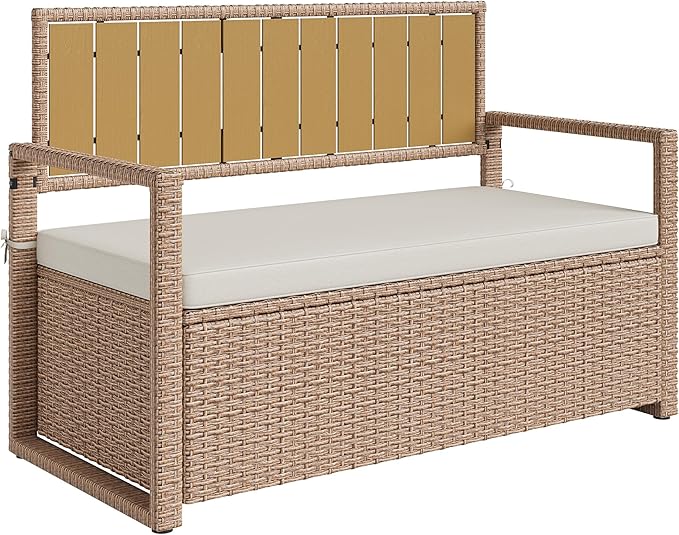 Outdoor Storage Bench with Cushion, Hand-Woven Yellow Wicker Deck Box with Backrest, Large Capacity Patio Storage Seat, Waterproof All-Weather Rattan Bench for Garden, Porch, Poolside