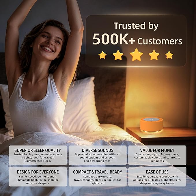Kipcush White Noise Machine - Soft Non-Glare Nursery Lamp, 30 Soothing Sounds, 8 Color Lights, Max 8-Hour Timer for Baby & Adults (Orange, Standard)