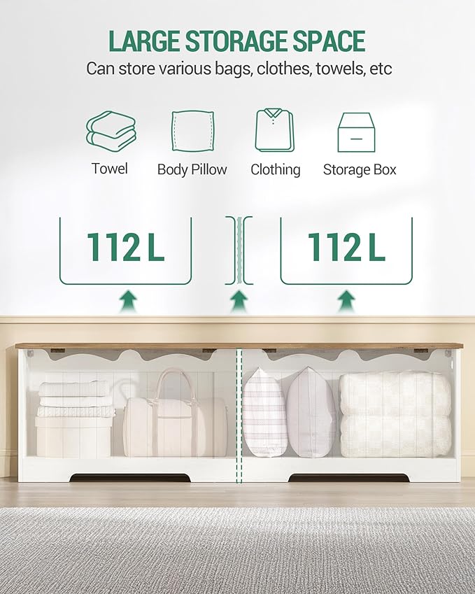 Hzuaneri 59" Storage Chest, Storage Bench Trunk with 2 Hinges, Wooden Box, Lift-Top Chest Organizer, Shoe Bench for Entryway, Bedroom, Living Room, Rustic White SB01514X