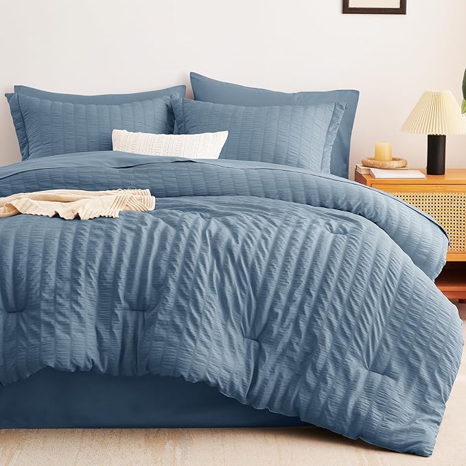 CozyLux Queen Comforter Set Grayish Blue Seersucker 7 Pieces Bed in a Bag Queen Comforter Set with Sheets, Dusty Blue Luxury Bedding Sets with Down Alternative Comforter, Sheets, Pillowcases & Shams