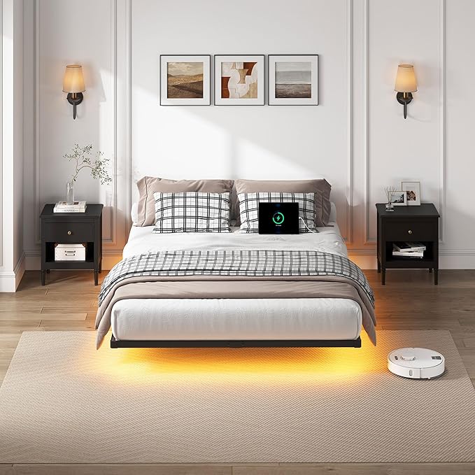 YORMDMO Floating Bed Frame Full Size, Heavy Duty Bedframe with Smart LED Lights & Charging Station, Modern Metal Platform Bed, Easy Assembly No Box Spring Needed, 8 Inch