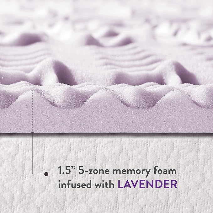 Mellow 1.5 Inch 5-Zone Memory Foam Mattress Topper, Soothing Lavender Infusion, Queen