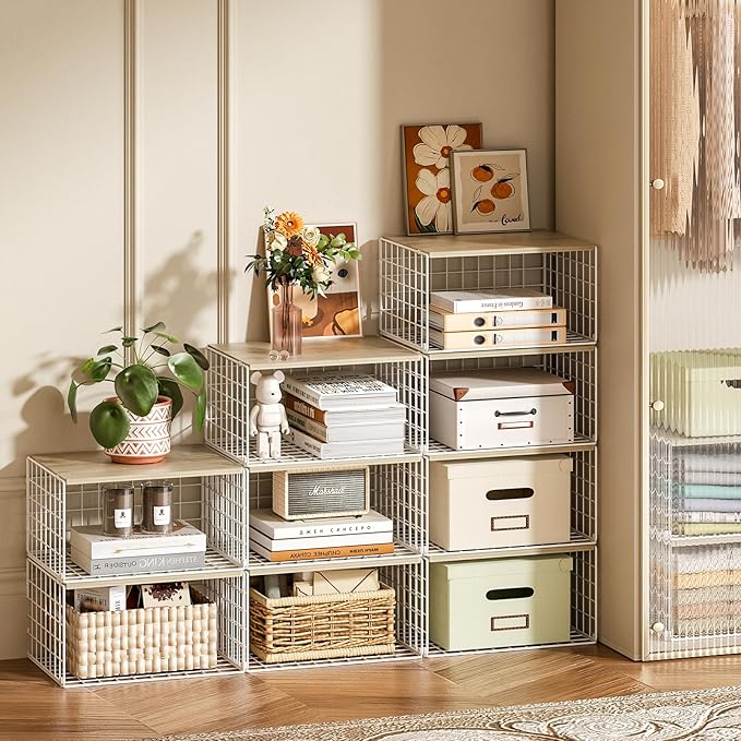 Extra-Long, Low-Profile Closet Organizers and Storage with Wood Top, 3 Pack Stackable Closet Shelf Organizer, Space-Saving Clothes Storage Bin for Wardrobe & Bedroom & Small Spaces, Sturdy (White)