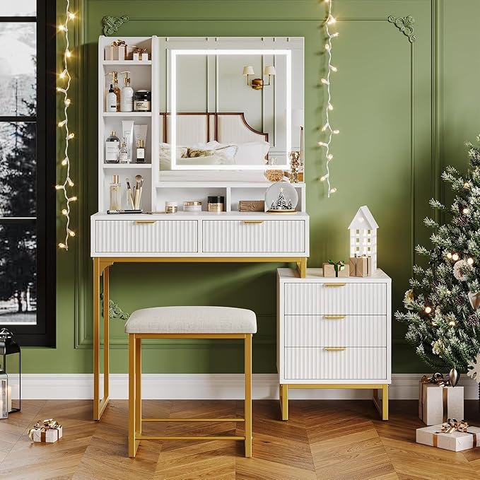GarveeHome Makeup Vanity Desk with Mirror and Lights, Vanity Table with 5 Drawers, Vanity Set with Stool and Removable Side Storage Cabinet for Bedroom, White & Gold