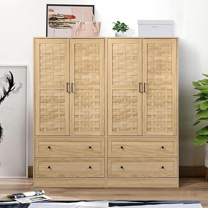 LEVNARY Armoire Wardrobe Closet with 2 Woven Doors, Wardrobe Cabinet with 2 Storage Drawers and Hanging Rail, Freestanding Wooden Closet for Bedroom (Natural)