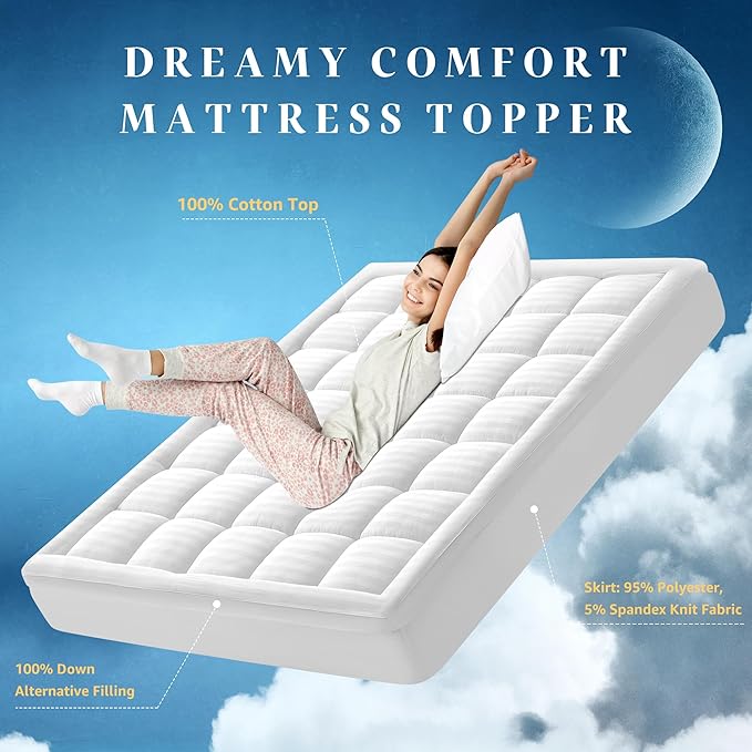Full Size Mattress Pad 100% Cotton Top, Thick Mattress Topper for Back Pain Relief, Breathable & Skin-Friendly Quilted Mattress Cover, Fits 8-22" Deep Mattress(54 x 75 Inches, White)